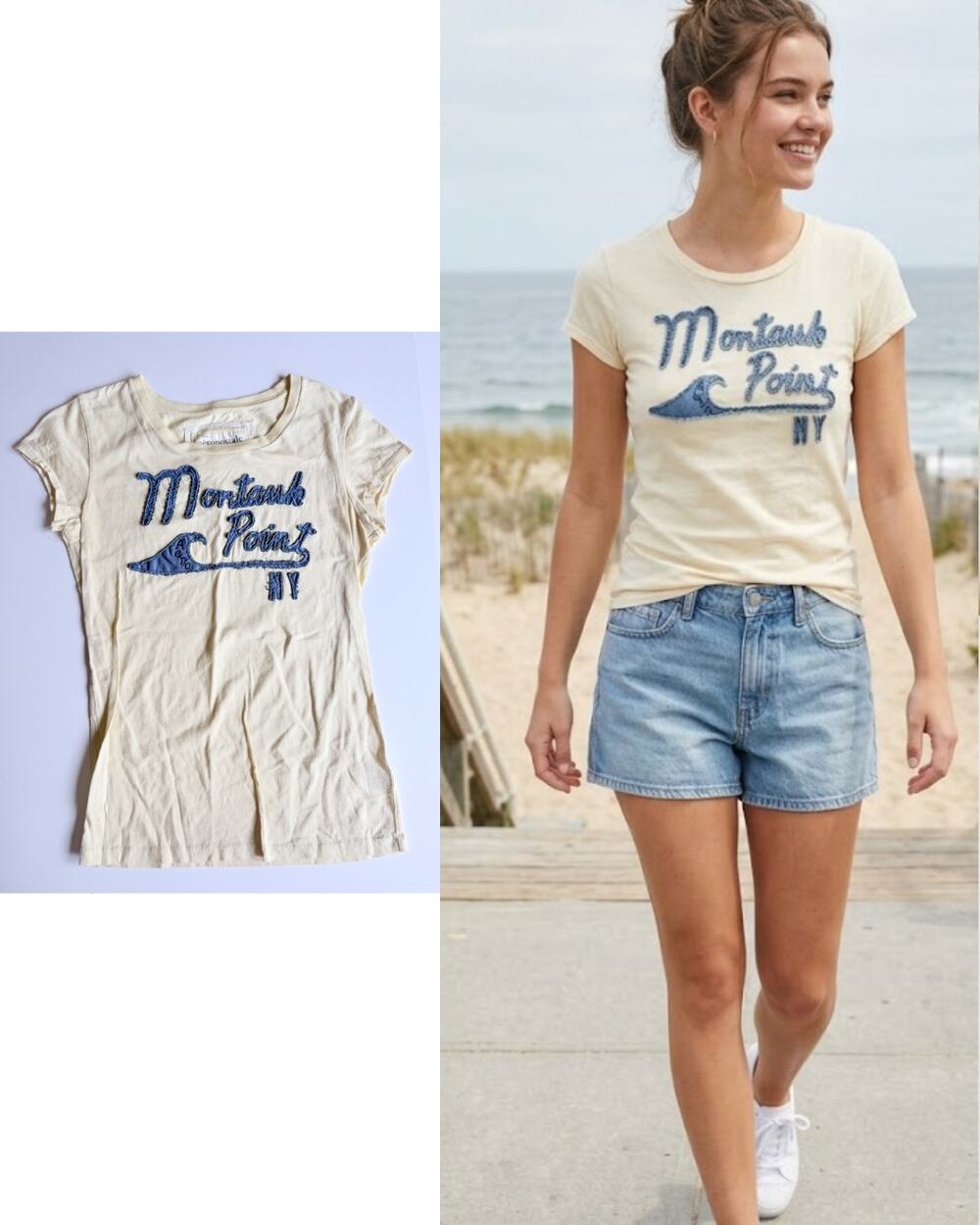 Aeropostale Y2K Montauk Point NY Denim Applique Tee | Size Large
